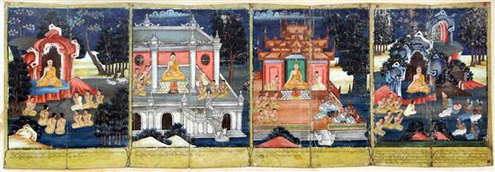 Burmese School Four panels depicting Buddha with attendants in various settings, conjoined with a script at the bottom, overall 21.5 x
